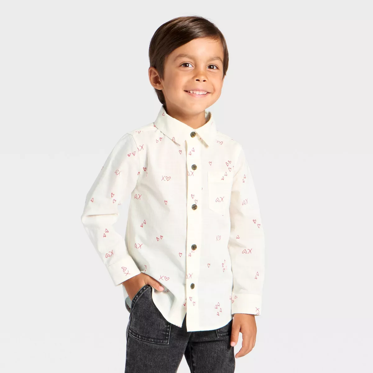 Toddler Boys' Valentine'S Day 'XO' Long Sleeve Button-Down Shirt - Cat & Jack Cream