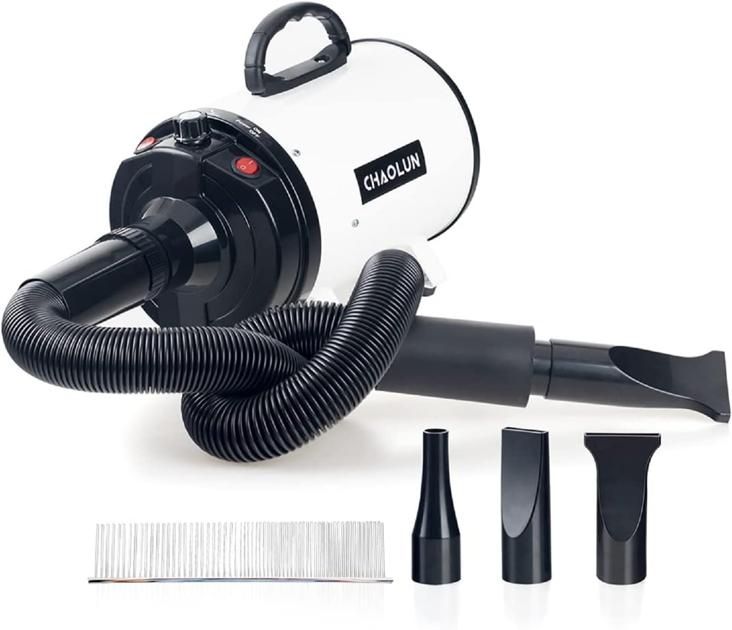 Dog Dryer for Pet Grooming, High Velocity Pet Hair Dryer with Heater, Adjustable Speed, 3 Nozzles and a Comb, White