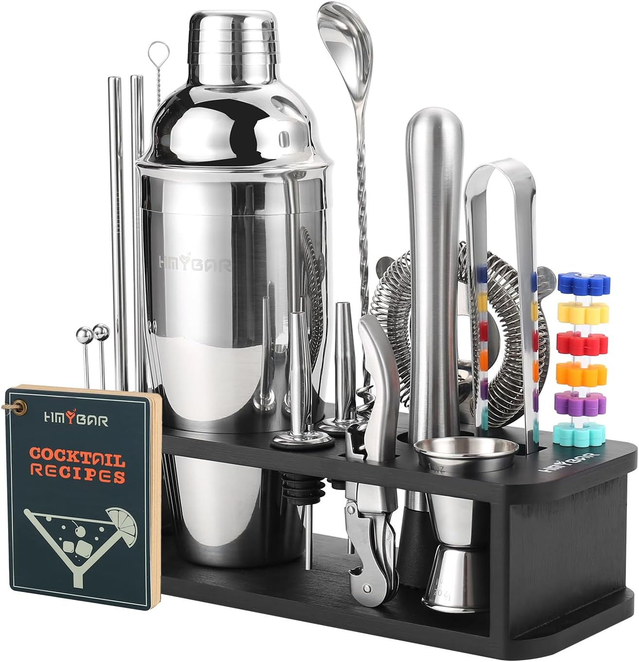 22-Pc Cocktail Shaker Set(24Oz/700Ml) | Mixology Bartender Kit | Bar Set | Bar Tool Set | Martini Making Set with 39-Recipe Cocktail Cards & Kit'S Deco, Bamboo Stand Black Color, Silver Tools
