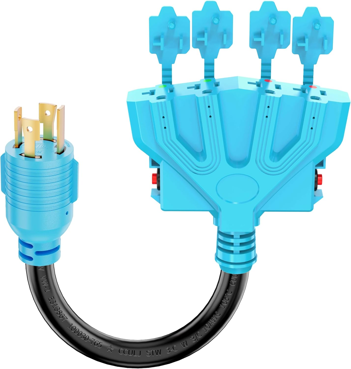 4 Prong 30 Amp to 15 Amp Generator Distribution Adapter with Overload Protector, NEMA L14-30P Male to 4X 5-15R/5-20R T-Blade Female, 10 Gauge 125/250V 7500W