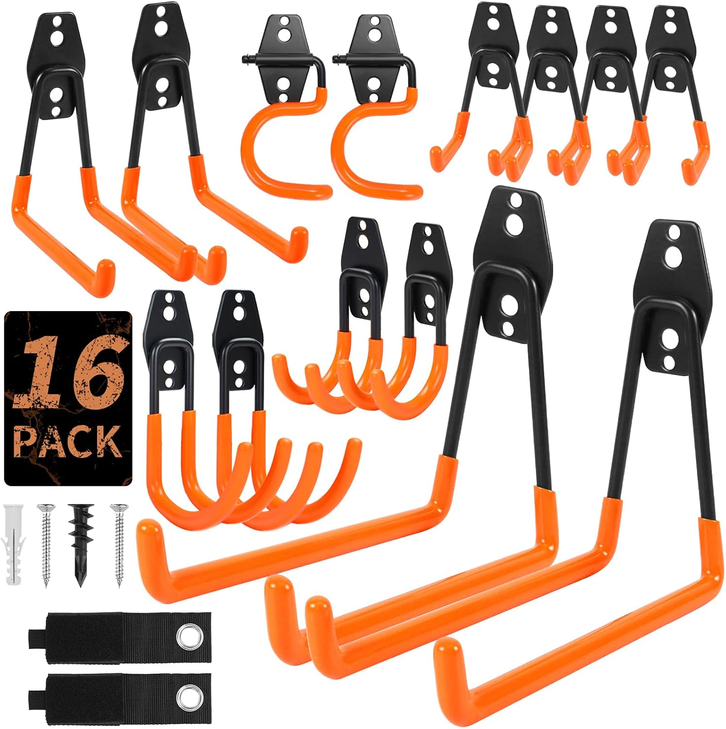 16 Pack Garage Hooks Heavy Duty – Wall Mount Utility Hooks for Hanging, Garage Organization, Tool Hangers for Garage Wall, Ladder Holders, Assorted Sizes with Mounting Screws (Orange)