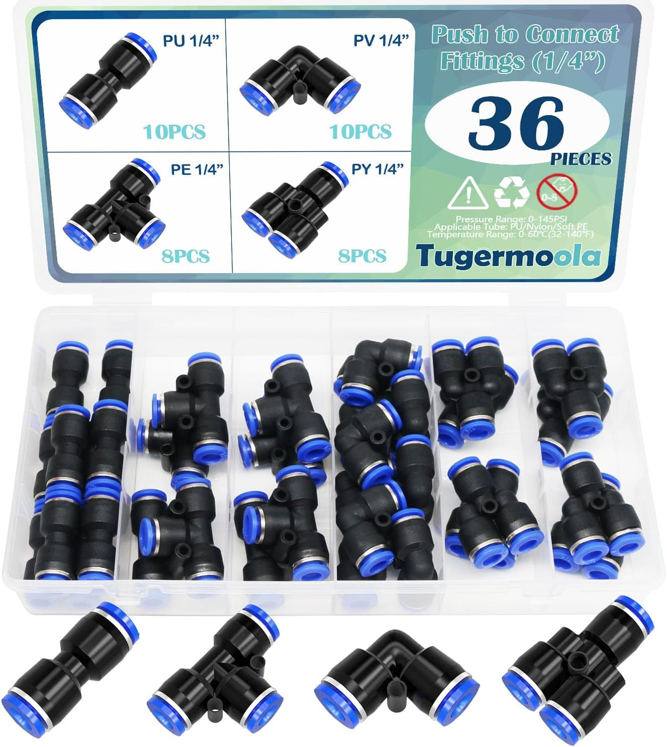 36PCS 1/4"OD Push to Connect Fittings Kit Quick Connect Air Hose Fittings 1/4"OD Pneumatic Kit 8 Spliters+10 Elbows+8 Tee+10 Straight Air Line Fittings