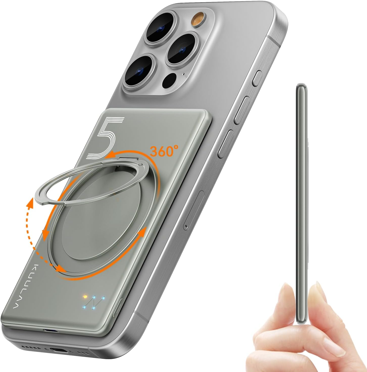 Kuulaa 5000mAh Magnetic Power Bank for iPhone 0.41in Slim Magsafe Battery Pack Wireless Portable Charger with Rotable Stand 20W PD USB C Output for iPhone 17/16/15/14/13/12 Series (Titanium)