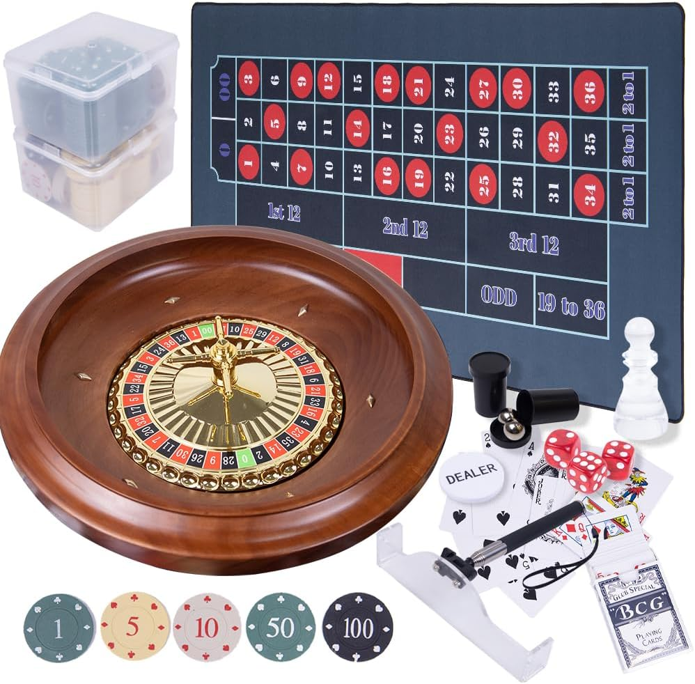 Roulette Wheel Game Set with Large Felt, 16 Inch Roulette Wheel, Retractable Chip Rake, 200 Chips, Roulette Marker, 2 Decks of Cards, 3 Dices, Canvas Bag, Commonly Used Games at Parties