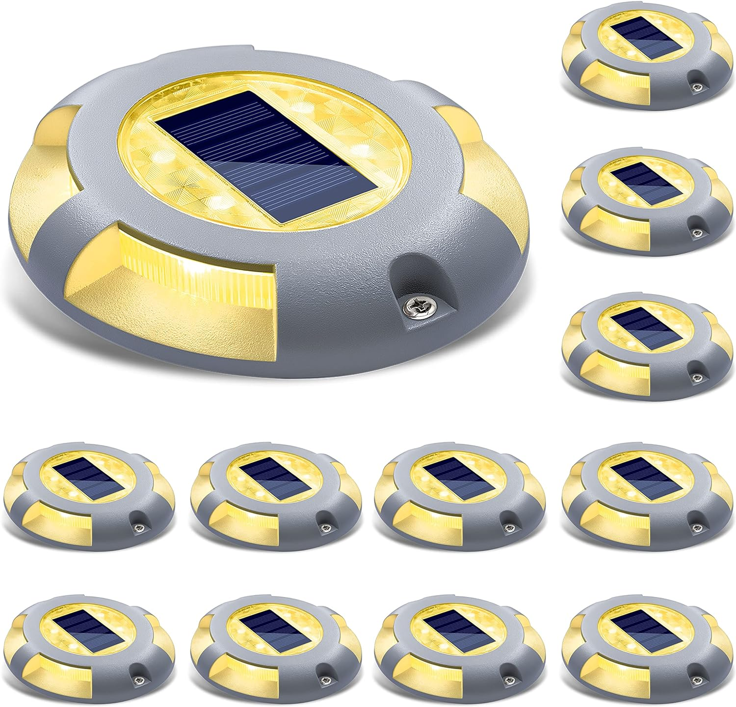 Solar Deck Lights Driveway Dock LED Light Solar Powered Outdoor Waterproof Road Markers for Pathway Step Stair Garden Ground Sidewalk Yard 12 Pack (Warm White)