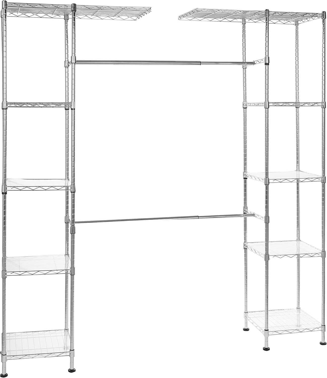 Expandable Adjustable Metal Hanging Storage Organizer Rack Wardrobe with Shelves, 57-80 X 14 X 72 Inches (Lxwxh), Chrome