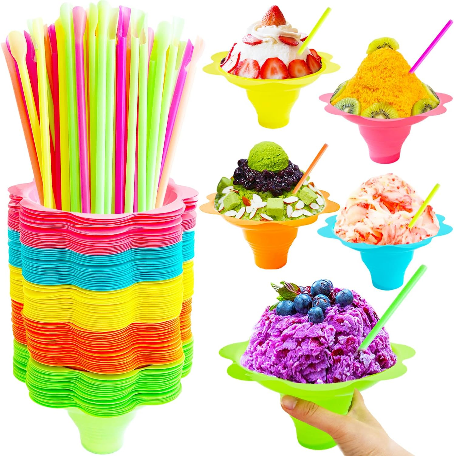200PCS 8oz Colorful Flower Shaped Snow Cone Cups with Spoon Straws,Plastic Shaved Ice Drip Cups Reusable Plastic Snack Ice Cream Bowls for Kids Party Summer Cookout Food Service