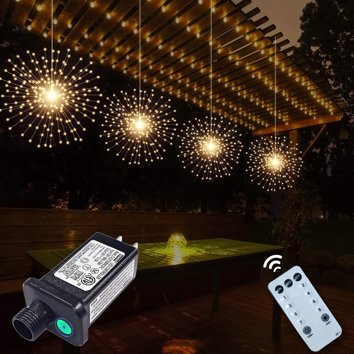 4 Pack 800 LED Plug in Starburst Sphere Lights,Firework Light 8 Modes Dimmable Remote Control Waterproof Copper Wire Hanging Fairy Lights for Patio Parties Tent Christmas (Warm White)