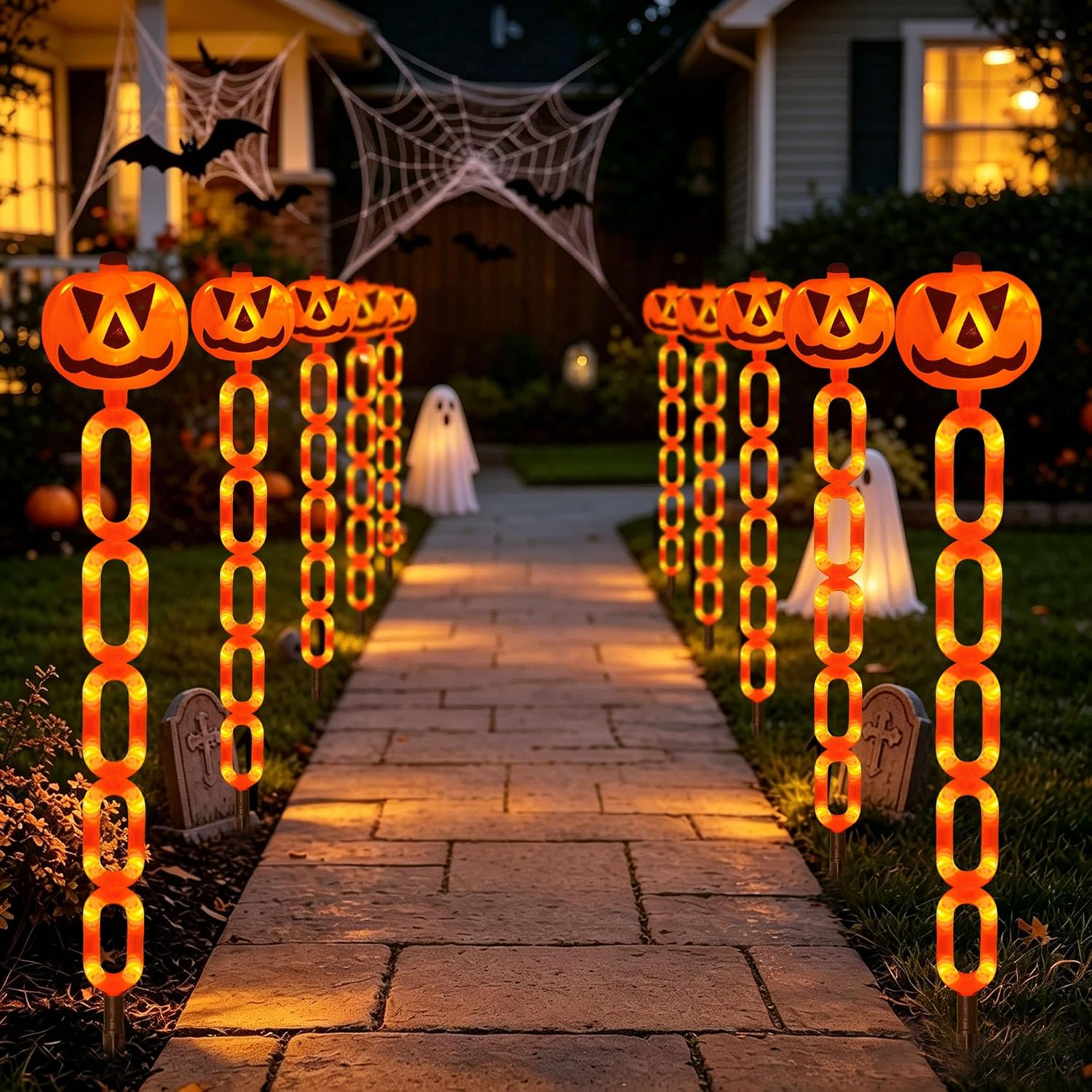 6Pack Halloween Decorations Outdoor Solar Pumpkin Chain Stake Lights Orange Jack