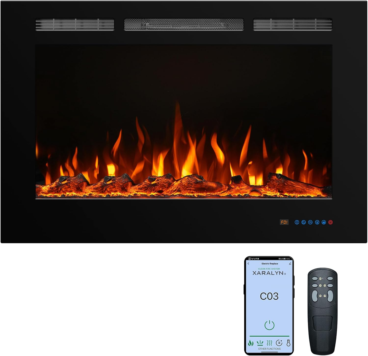 36'' Smart Electric Fireplace Inserts, Recessed & Wall Mount Electric Heater and Linear Fireplace with APP& Touch Screen &Remote Control, 62-99°F Temperature, Hard Wired & Plug In