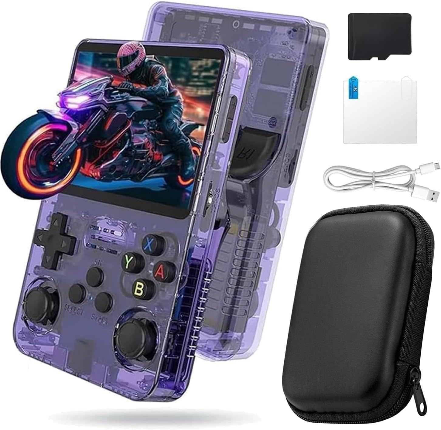 Portable Pocket Video Player Retro Game Console with 128G Card and Leather Carrying Case, Built-In 21000+ Classic Games Supports & Dual 3D Joysticks 3.5 Inch IPS Screen - Purple
