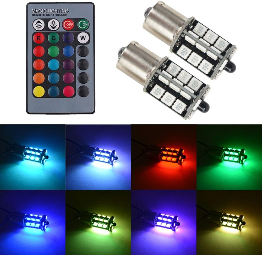 1156 LED RGB Bulb Amber White Red Multicolor 16 Color Changing Brake Lights Turn Signal Reverse Tail Bright Strobe Car Trunk Remote Control Switch Kit 12V 5050SMD Replacement