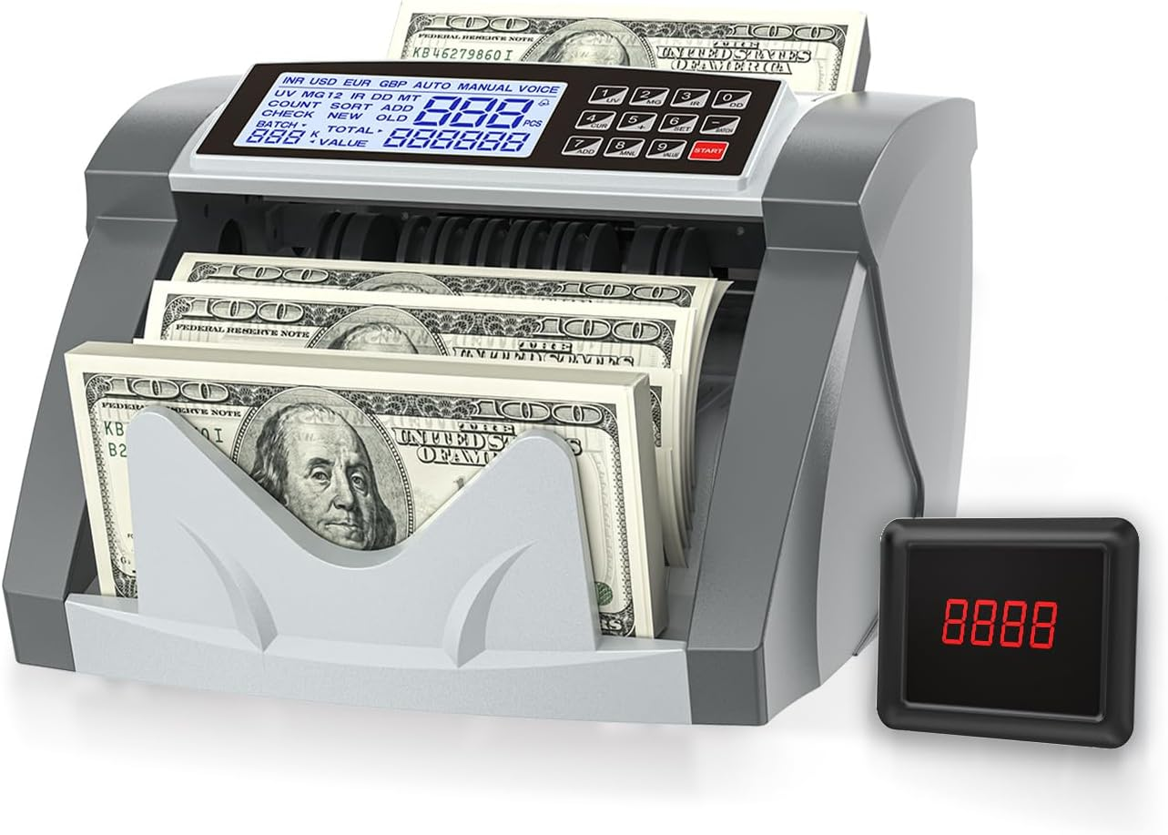 Money Counter Machine Pro 2.0 Dual-Motor, Dollar Euro Mt/Uv/Mg/Ir/Dd/Dbl/Hlf/Chn，Cash Counter Machine with Value Add Batch Modes (LCD Display)