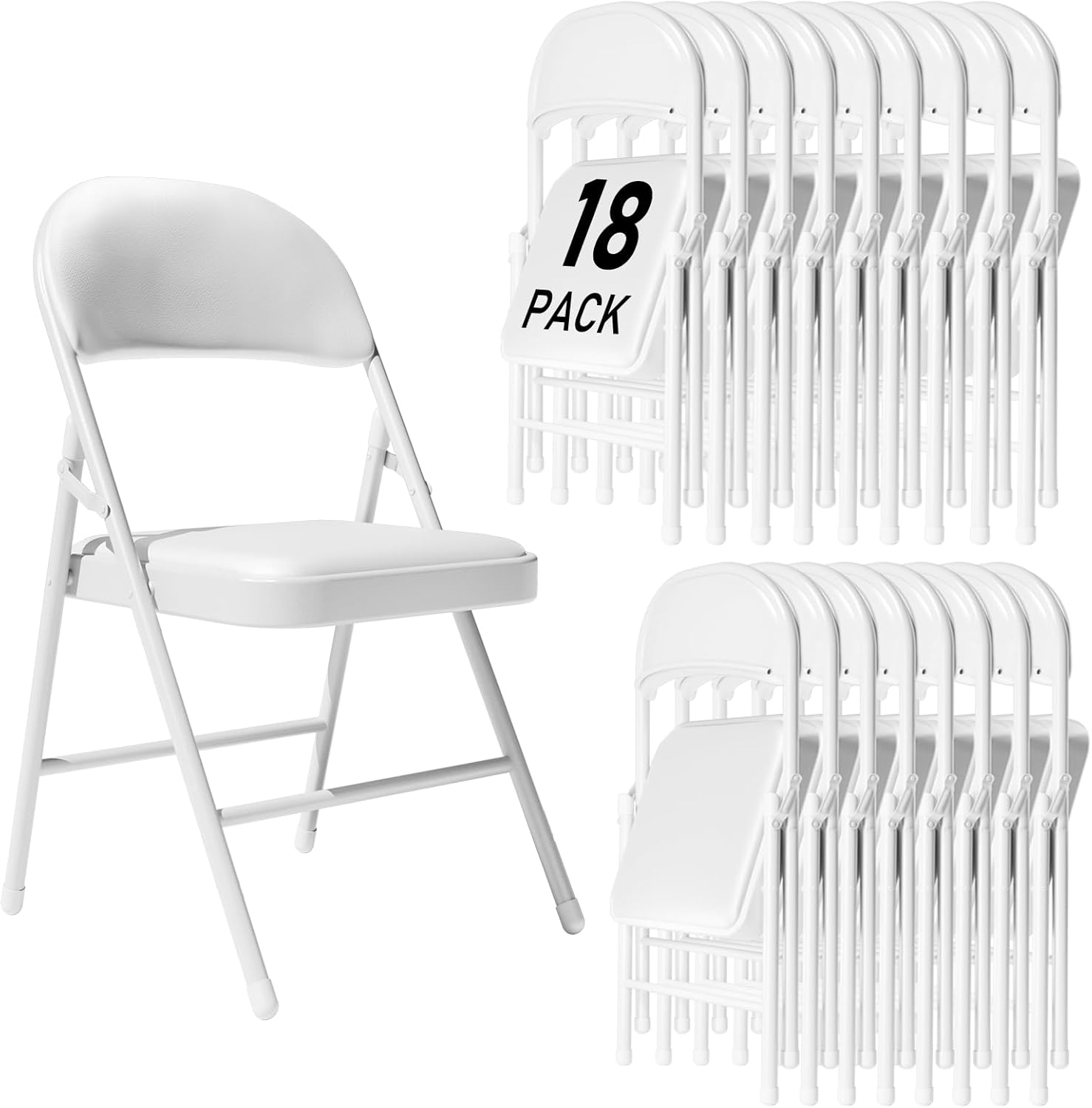 18 Pack White Folding Chairs with Padded Cushion and Back for outside Portable Stackable Commercial Foldable Chairs with Steel Frame for Events Office Wedding Party, 350Lbs Capacity