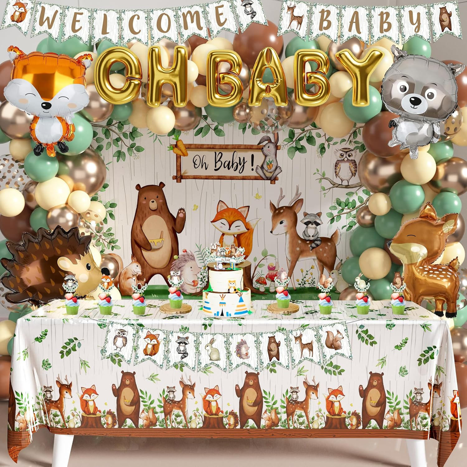Woodland Animals Baby Shower Decoration Pack Forest Animal Neutral Gender Reveal Party Supplies Woodland Themed Birthday Party Ideas Set 106 Pcs Backdrop, Tablecloth, Cake Toppers, Balloons