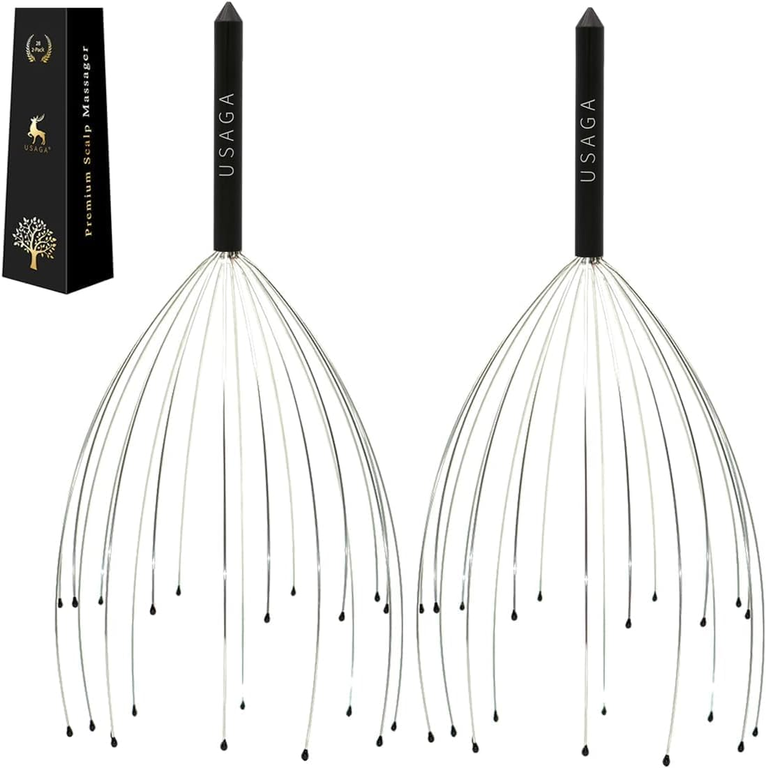 USAGA Head Massager Scalp Massager 20 Fingers Head Scratcher for Scalp Body Relaxing (Black & Black)
