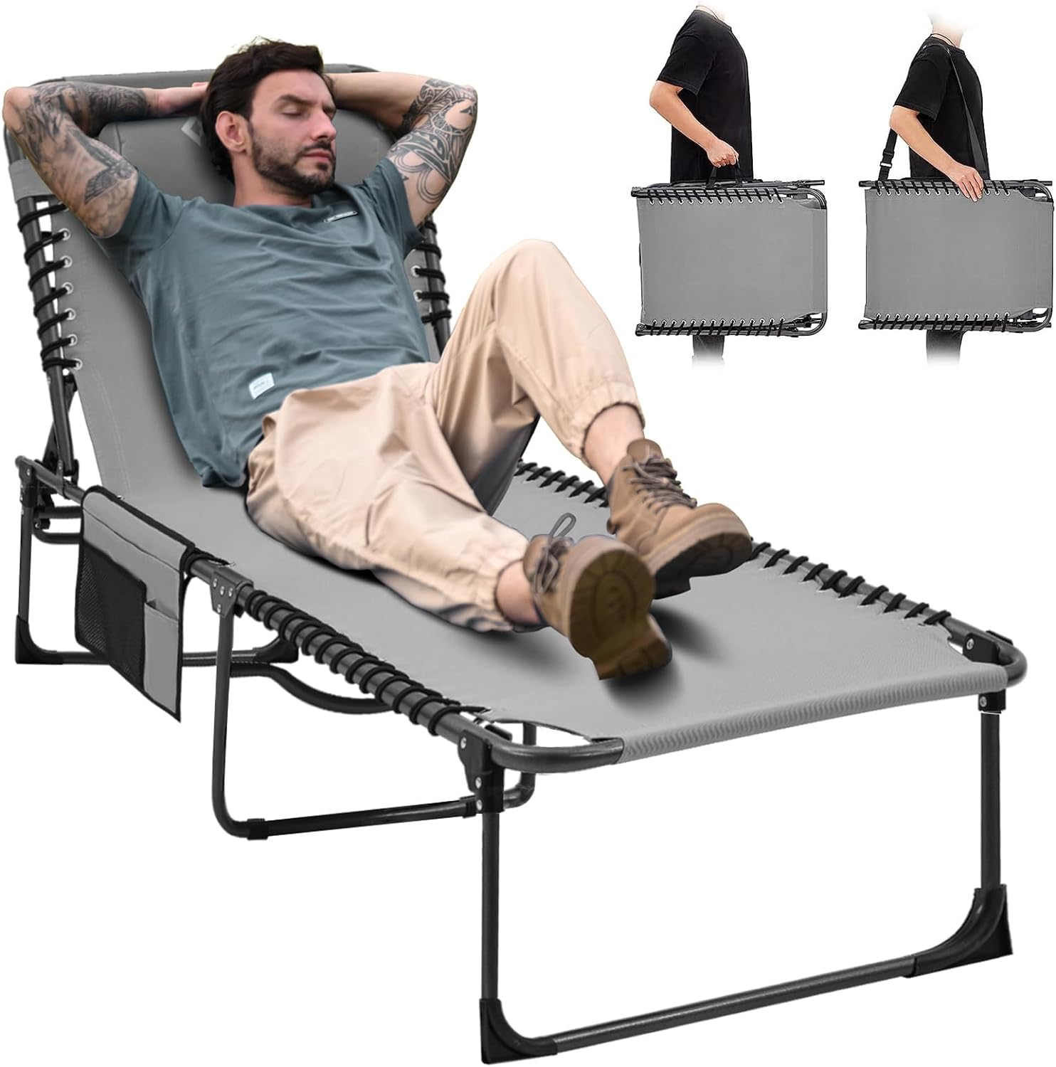 Folding outside Patio Lounge Chair Adjustable 5-Position Adults Reclining Folding Chaise with Pillow, for Patio, Pool, Beach, Sunbathing, Deck, Lawn,1 Pack,Grey, 4.8