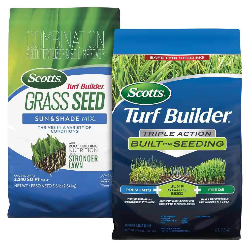 Turf Builder Grass Seed Sun and Shade Mix and Triple Action Built for Seeding Bundle
