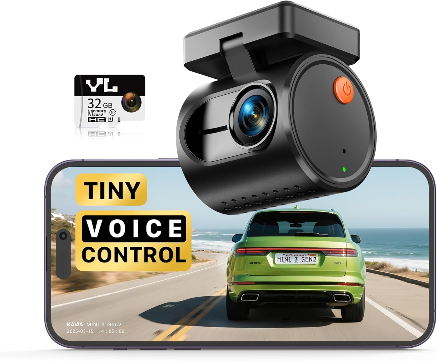 KAWA 2K Tiny Dash Cam, 1296P QHD Mini Car Camera Dashcam - Voice Control, G -Sensor, Free 32GB TF Card, Built-in WiFi, APP Control, WDR/3D DNR with Super Night Vision, 24H Parking Mode