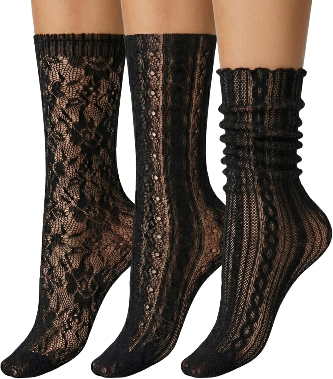 6 Pairs Sheer Black Socks for Women, Lace Ruffle Thin Crew Socks, Cute Dress Socks Lightweight & Breathable for Everyday Wear, Dark Aesthetic Socks by Daisy&Dino