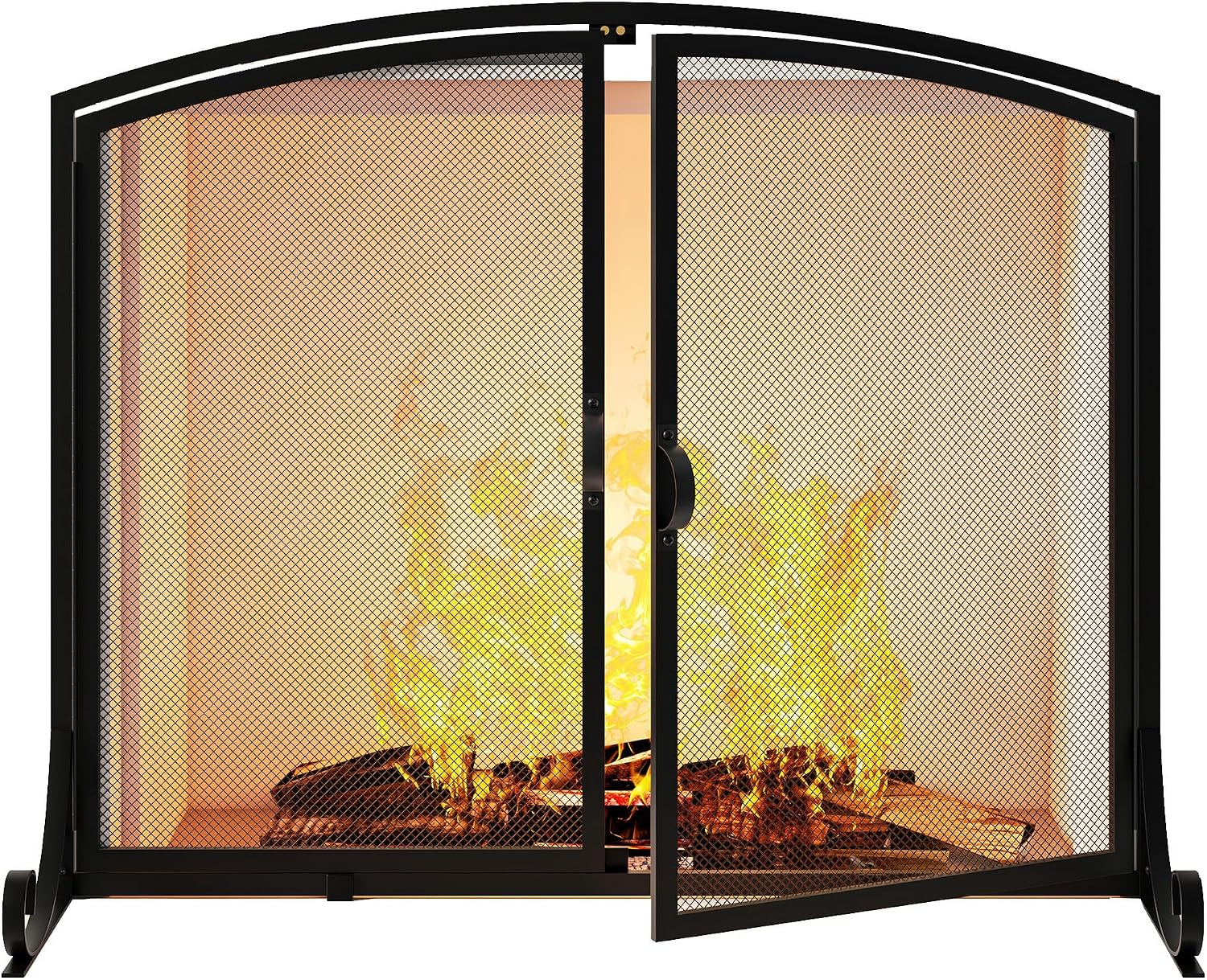 Fireplace Screen with Doors, 35" W X 28" H, Heavy Duty Solid Steel Frame, Wrought Iron Spark Guard, Baby Proof Fireplace Gate, Decorative Black Safety Screen for Wood Stoves and Fireplaces