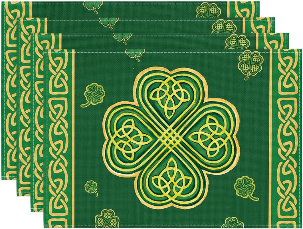 Green Stripes Shamrocks St. Patrick'S Day Placemats Set of 4, 12X18 Inch Luck Spring Table Mats for Party Kitchen Dining Decoration