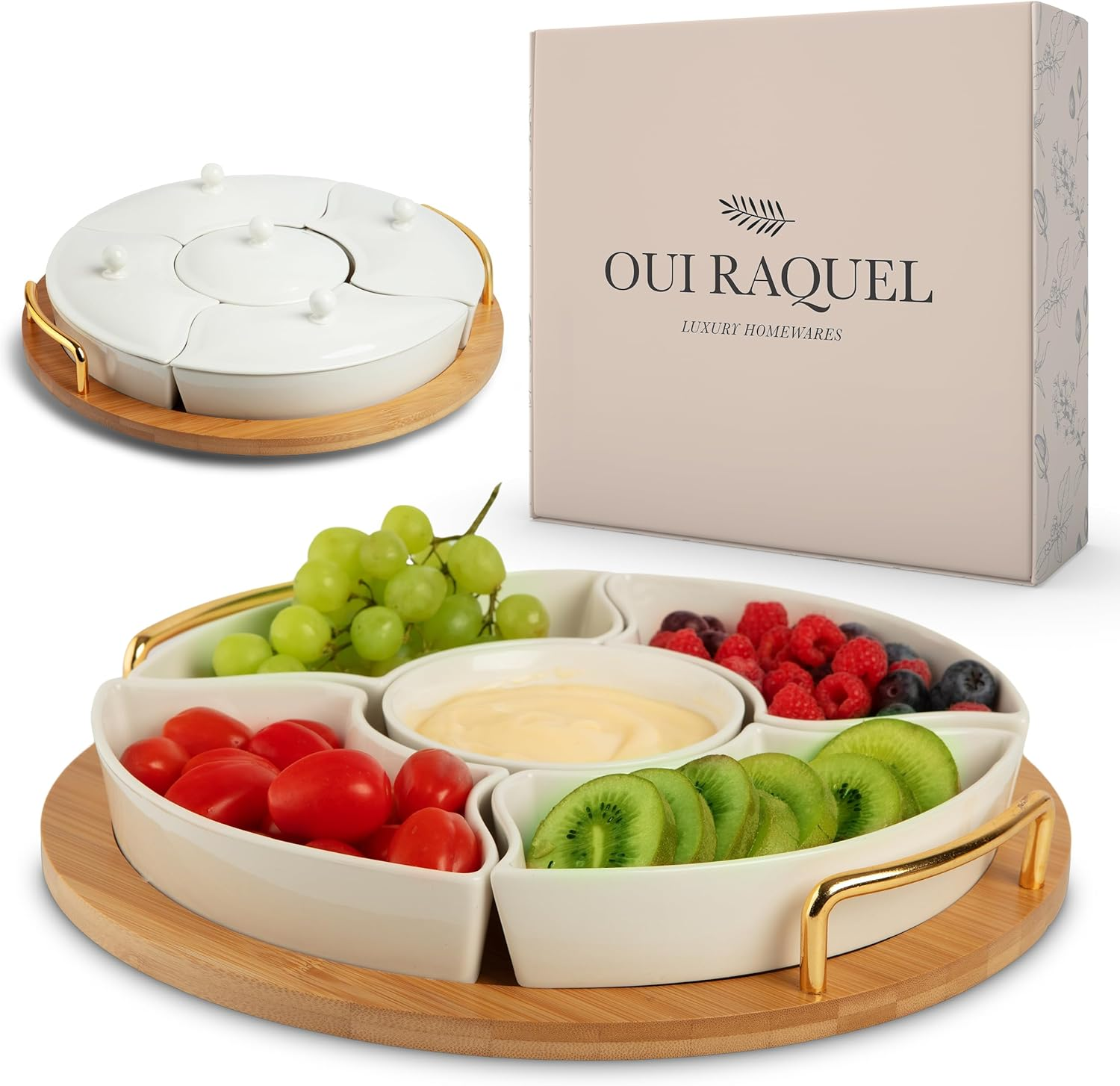Elegant Chip and Dip Serving Set with Divided Trays and Lazy Susan Platter
