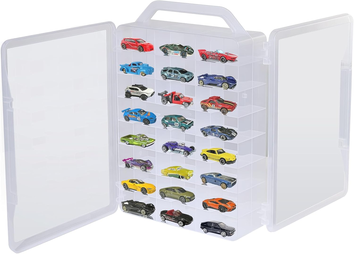 Double Sided Toy Car Storage Case w/ Handle Fits 46 1/64 Scale Cars Compatible with Matchbox & Hot Wheels, Portable Organizer Box Only