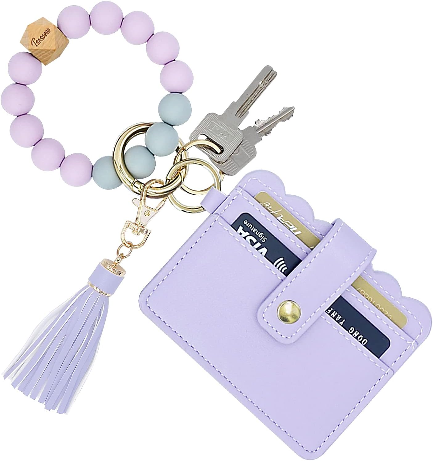 Keychain Wallet Wristlet Small Credit Card Holder Bracelet Key Chain Purse Bangle Tassel Beads Key Rings for Women