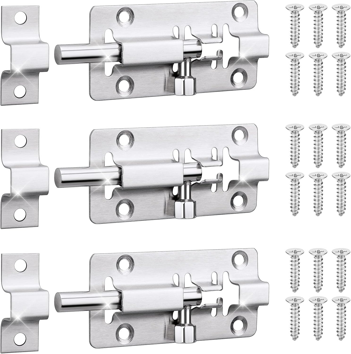 3PCS Barrel Bolt Latch 3IN Thickened Door Bolt Lock, Premium Stainless Steel Slide Bolt Latch with 18PCS Screws for Door, Cabinets, Windows