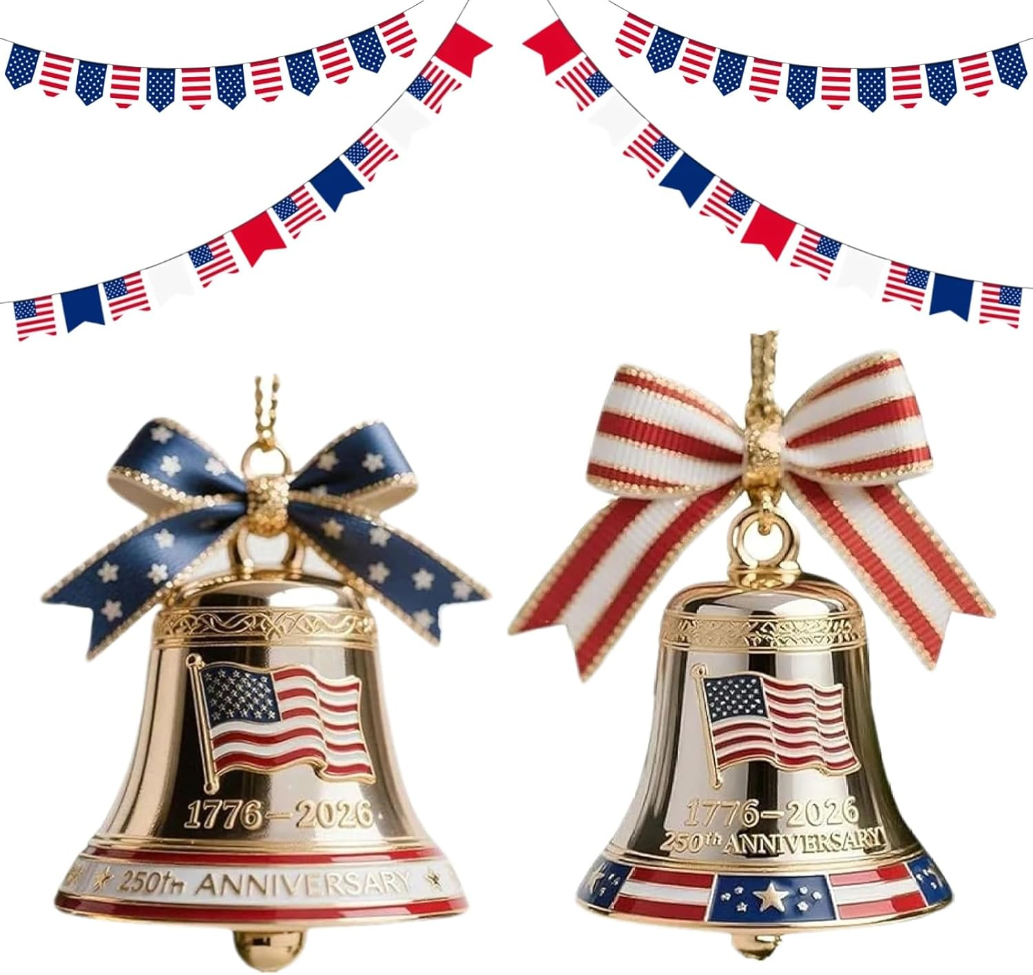 2Pcs 250Th Anniversary Bell Ornaments - Copper Patriotic Red White Blue Ename