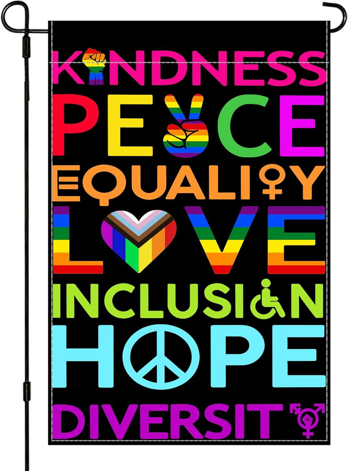 Pride Garden Flag - Kindness, Peace, Equality, Love, Inclusion, Hope, Diversity - Rainbow, Lesbian, LGBTQ - 12 X 18 Inch Double Sided Outdoor Yard Sign Decoration