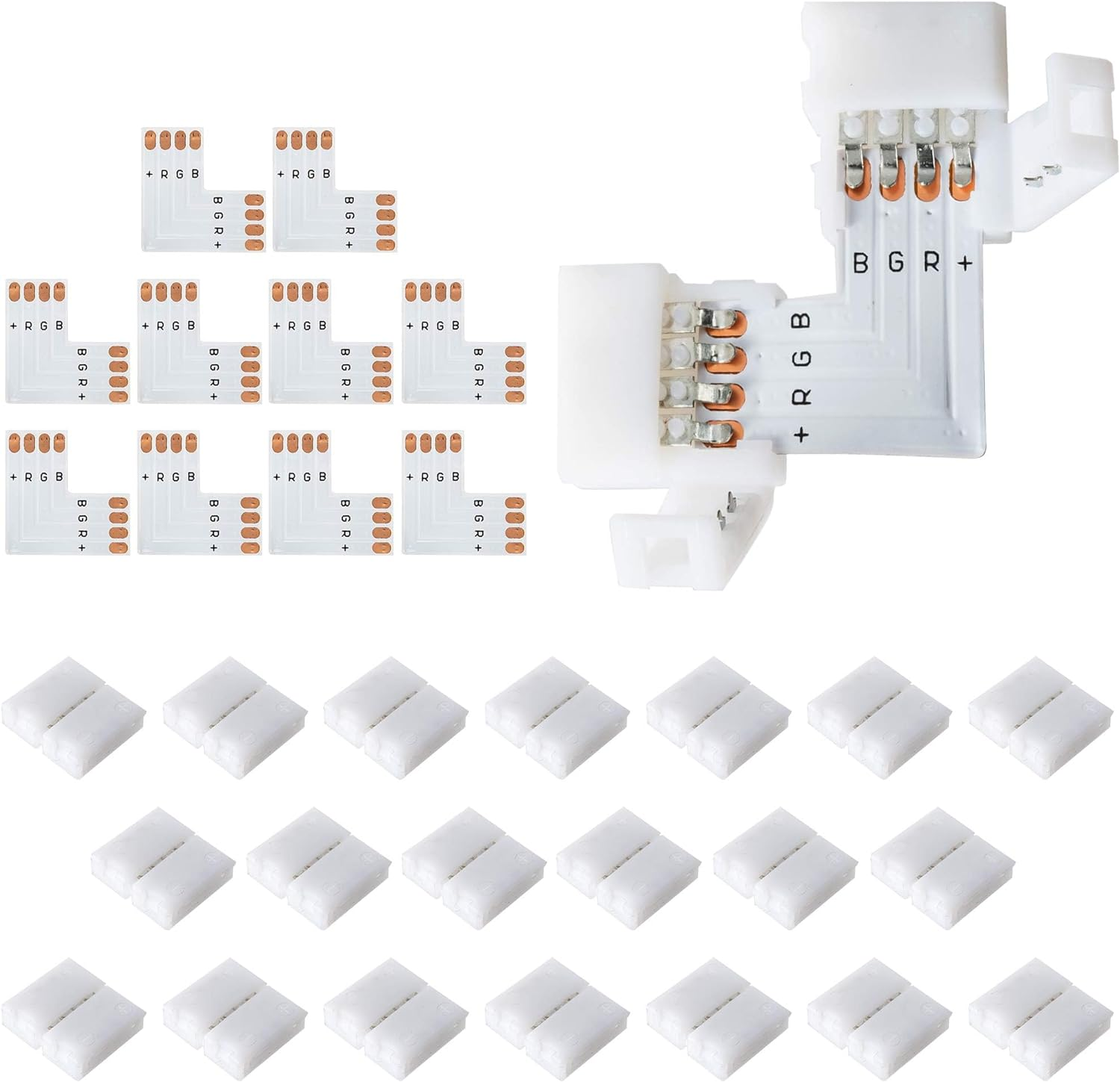 JACKYLED 20Packs L Shape 4-Pin LED Connectors with 22Pcs Clips 10Mm for Strip