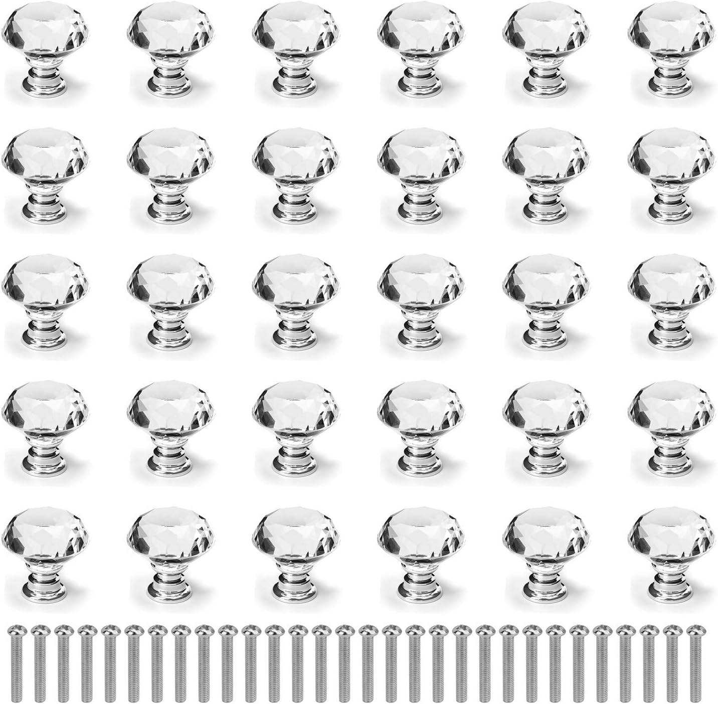 30 Pack Cabinet Knobs Crystal, 30 Mm Glass Drawer Pulls Diamond Shape Dresser Knobs with Screws for Kitchen, Bathroom Cabinet, Dresser and Cupboard