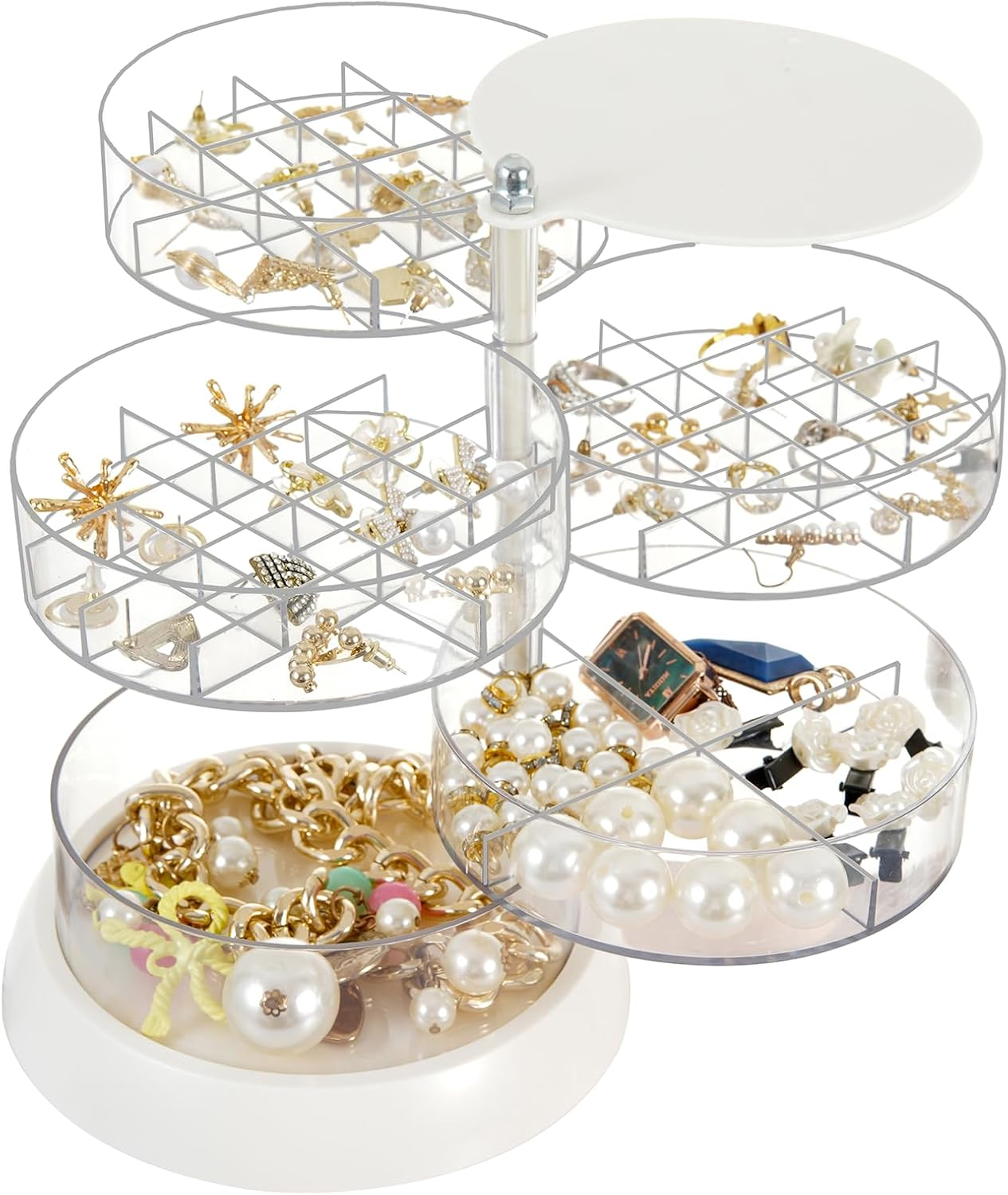 360 Degree Rotating Jewelry Box for Girls,Small Jewelry Organizer Box and Earring Holder for Women,5 Layer Travel Jewelry Case with Lid,Mini Jewelry Case for Earrings Bracelets Rings,Clear
