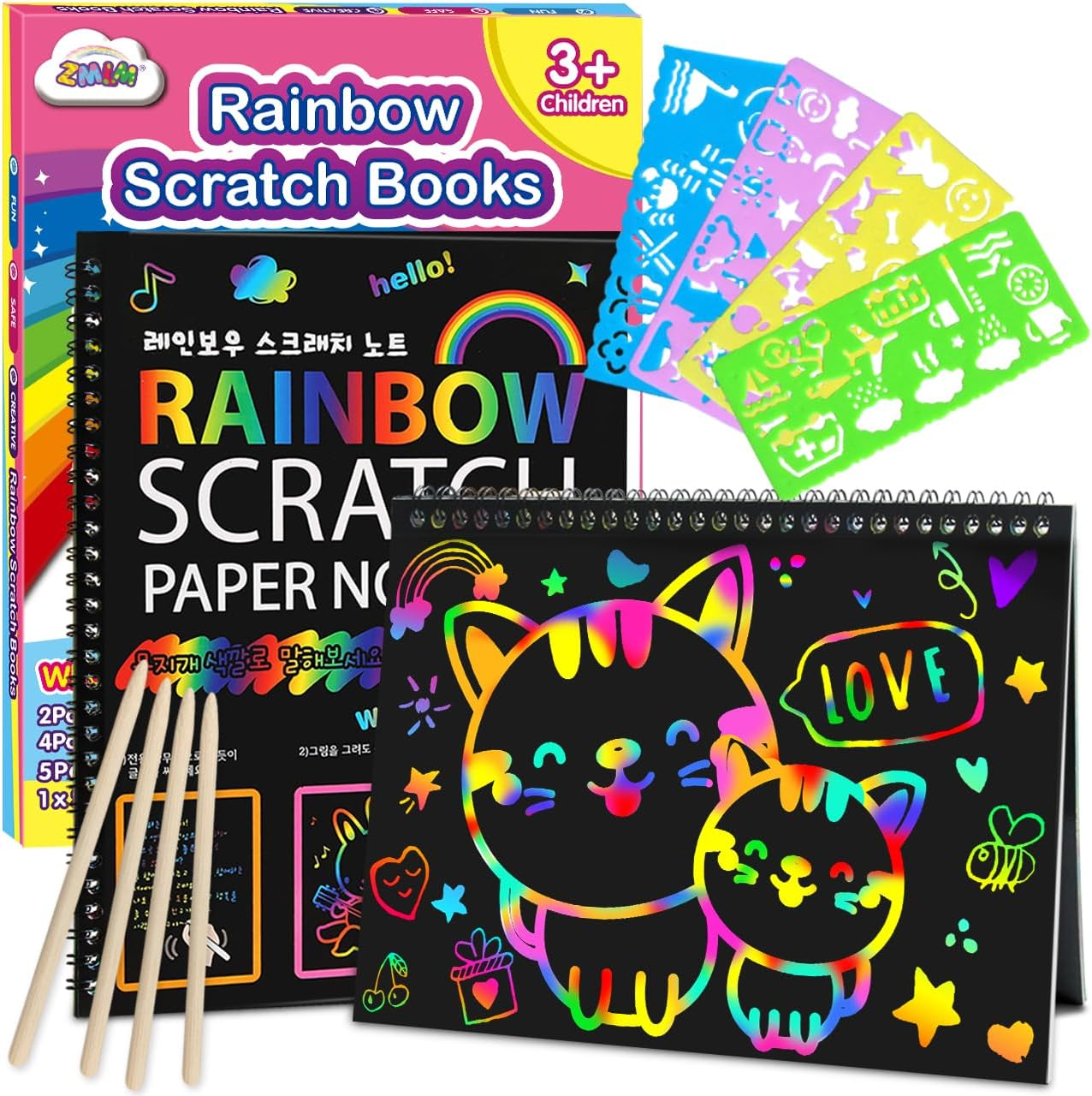 Scratch Paper Art-Crafts Gift: 2 Pack Rainbow Notebooks Supplies Toys Easter Basket Stuffers for 3 4 5 6 7 8 9 10 Years Old Girls and Boys Kids Valentine'S Day Birthday Party Travel Games (Pink)
