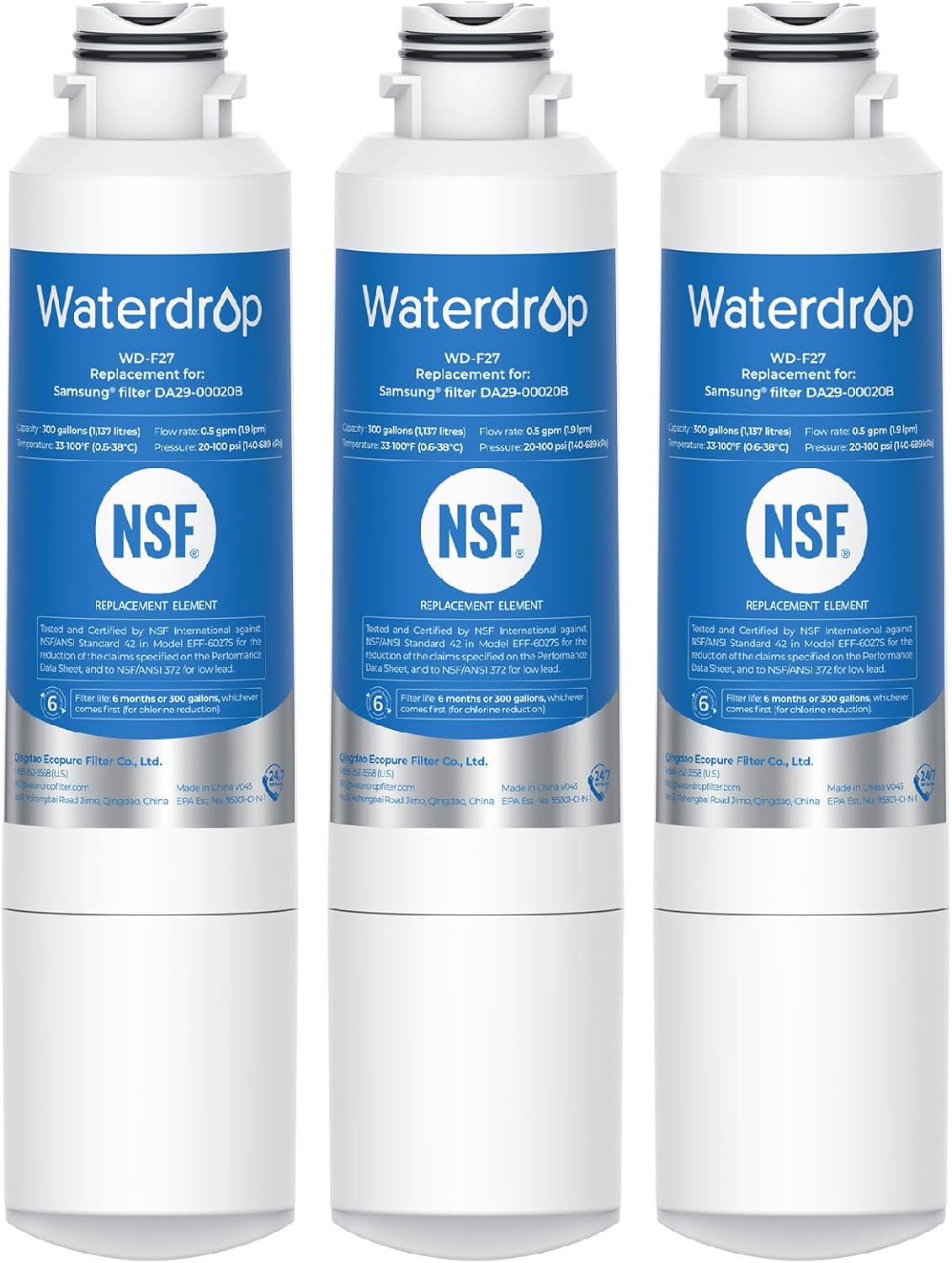 DA29-00020B Refrigerator Water Filter, Replacement for Samsung HAF-CIN/EXP, DA29-00020A/B, DA29-00020B-1, RF263BEAESR, RF28HMEDBSR, RF263TEAESG, RF4287HARS, 3 Filters (Package May Vary)
