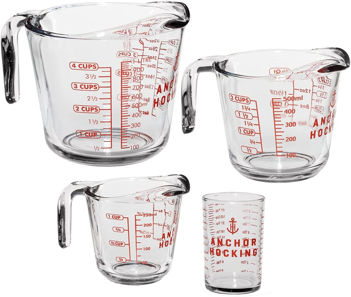 Anchor Hocking Glass Measuring Cups, 4 Piece Set (5 Ounce, 1 Cup, 2 Cup, 4 Cup 