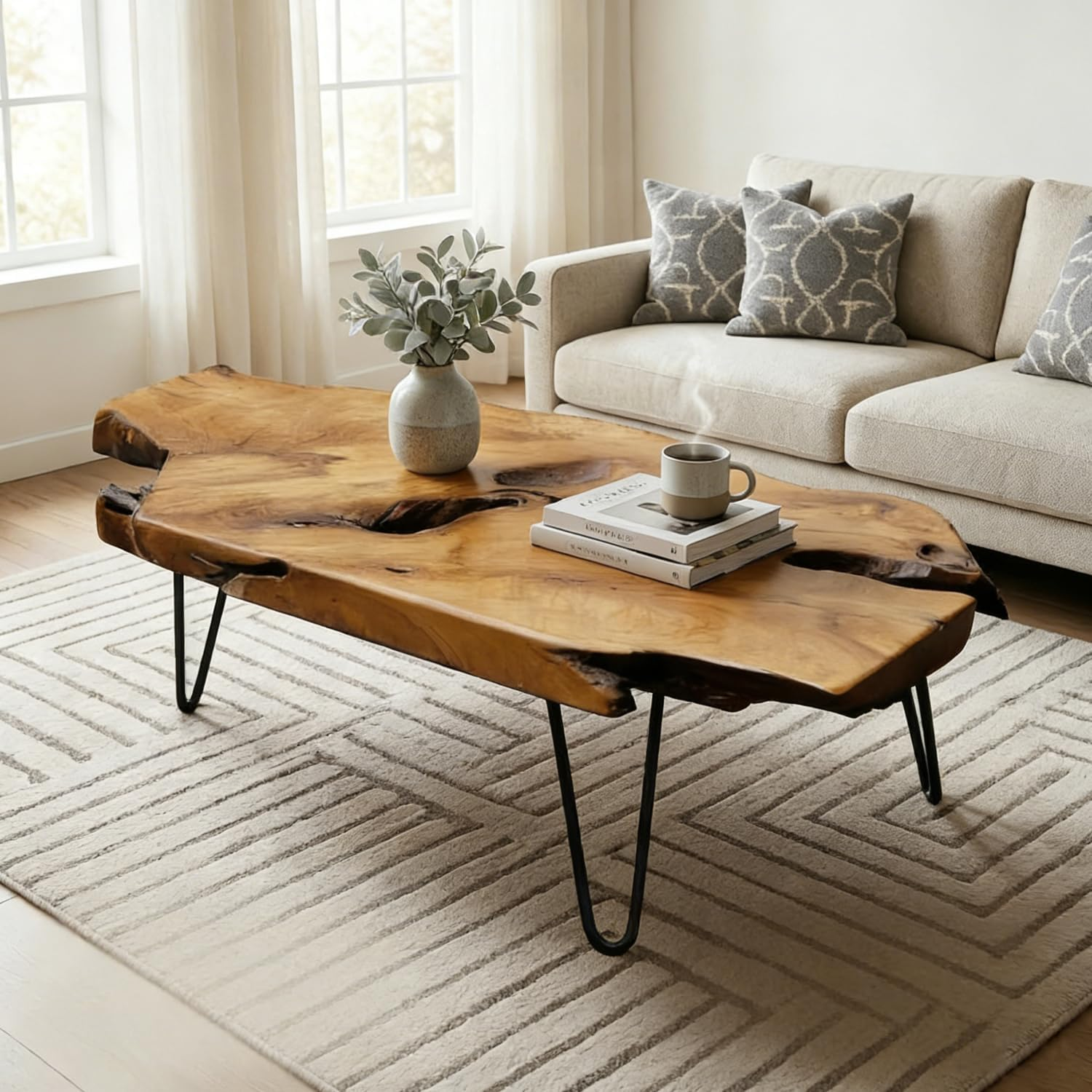Live Edge Coffee Table - Natural Wood Coffee Table for Living Room, Handcrafted Rustic Modern Furniture with Unique Grain Pattern