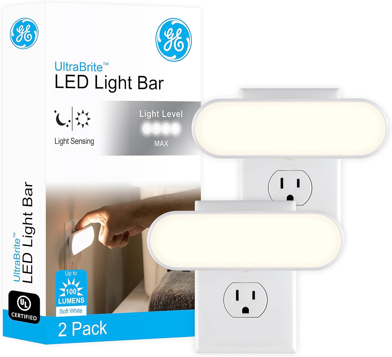 GE Ultrabrite LED Light Bar Night Lights Plug into Wall Room Decor Ambient Lighting Dusk to Dawn Sensor Bright Nightlight, White, 100 Lumens, 2 Pack