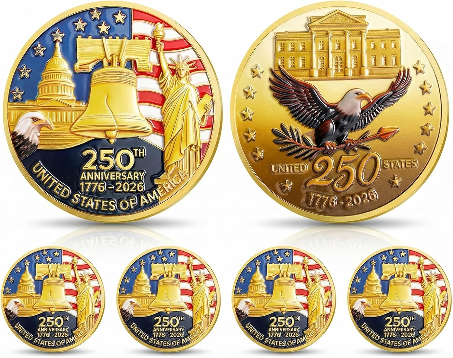 4 Pcs 250Th Anniversary Commemorative Coins USA Eagle and Patriotic Symbols Collectible 250 Year Merchandise for Celebration Display Collectors Veterans Independence Day Gift