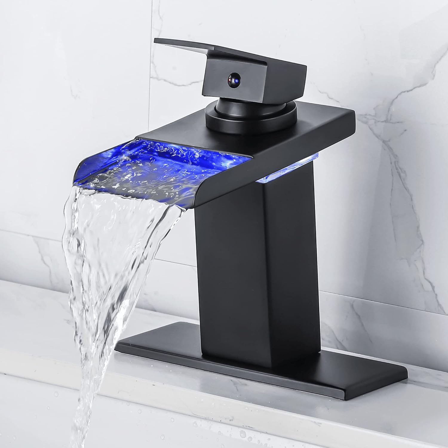 LED Bathroom Sink Faucet - Matte Black Single Hole or 4 Inch Centerset Waterfall Faucet with Stainless Steel Spout and Temperature-Sensitive LED Lights, Includes Deck Plate