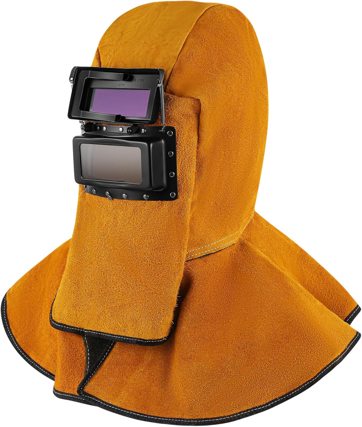 Leather Welding Hood with Auto Darkening Filter Lens, Full Protective Cowhide Welder Helmet Work Cap Head Face Neck Shoulder Shield, Flame & Heat Resistant, Dust Resistant, Breathable(Yellow)