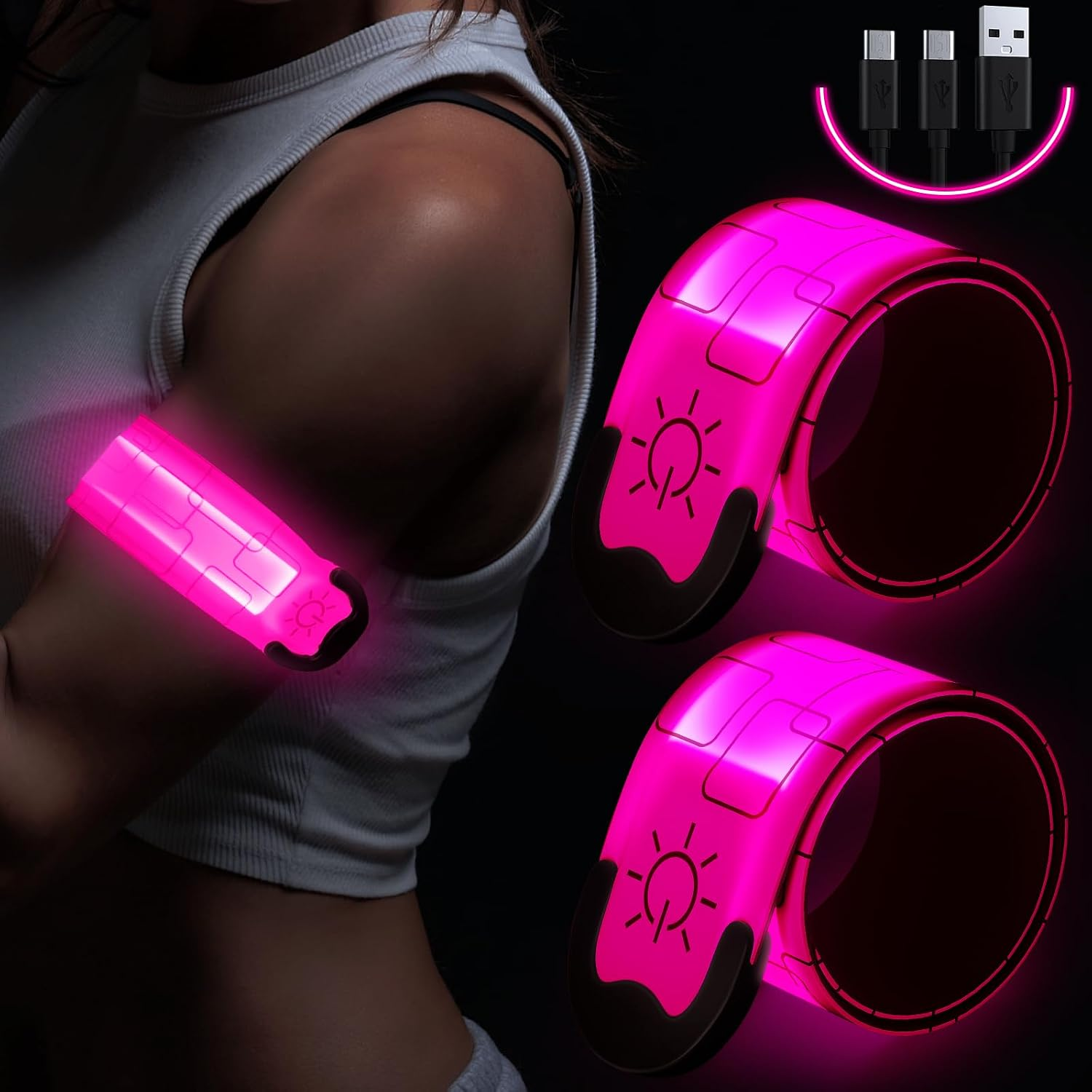 Running Lights for Runners(2 Pack), LED Armbands for Running, USB Rechargeable Reflective Armbands, High Visibility Light Up Band for Runners, Bikers, Walkers, Pet Owners