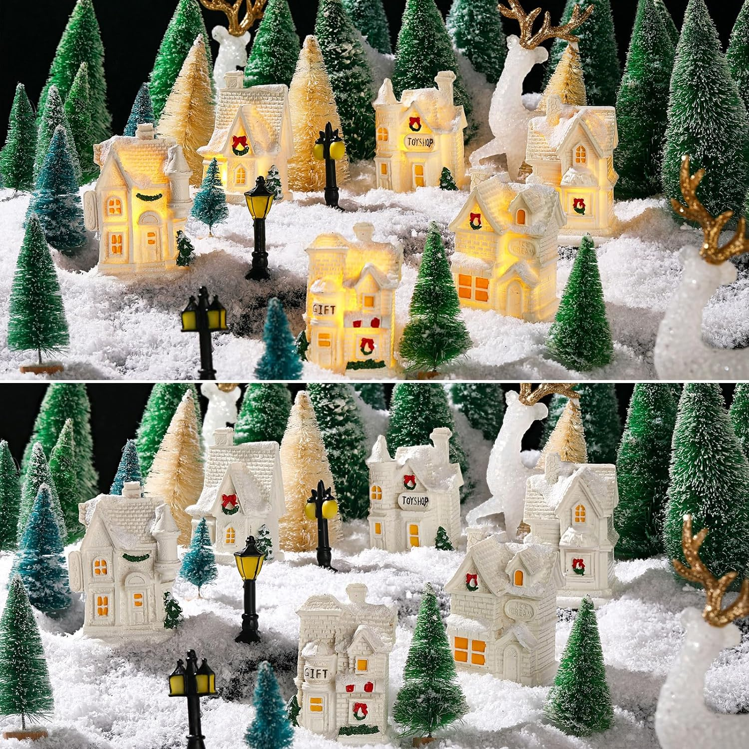 50 Pcs Christmas Village Sets Christmas Village Town Accessories LED Lighted Christmas Village White Houses Mini Tree Crafted Resin House Collectable Deer for Christmas Holiday Party Decor