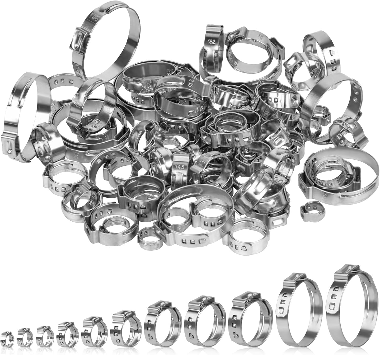 82 Pcs Single Ear Hose Clamps, 11 Sizes 5.8-38.1Mm 304 Stainless Steel Ear Crimp Rings Assortment Kit, Ear Stepless Cinch Rings Crimp Tools for PEX Tubing Pipe, Hose Pipe, Automotive Use