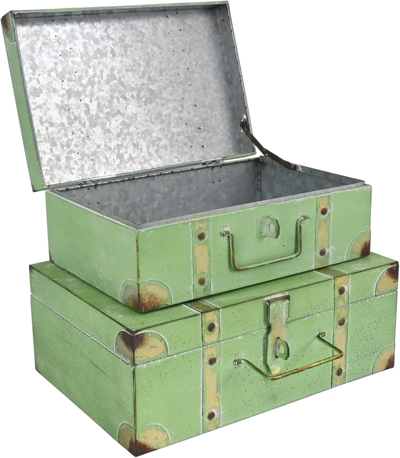 Vintage Metal Storage Trunks - Set of 2, Antique Decorative Storage Chests with Lids, Decorative Suitcase Boxes, Vintage Suitcases for Keepsakes and Home Decor, Green