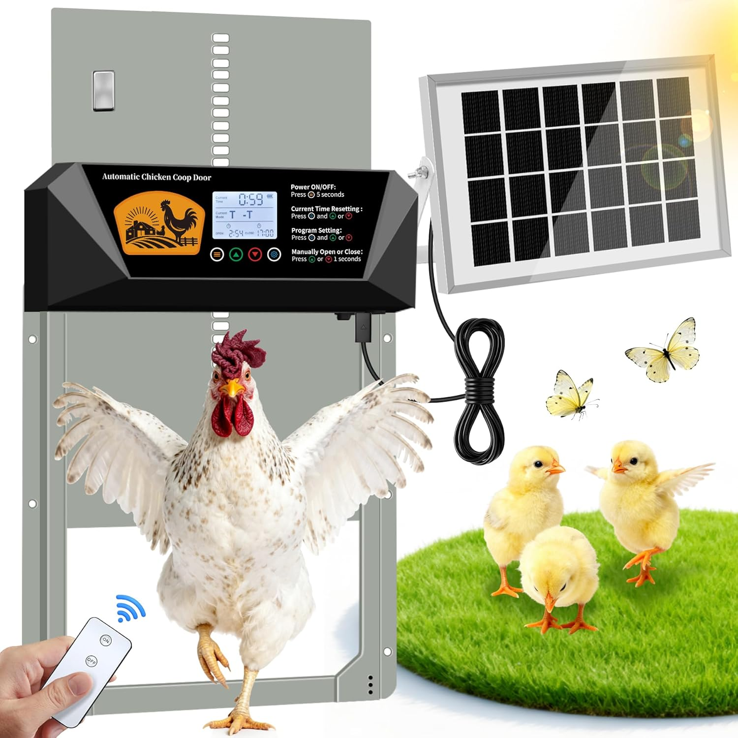 Extra Large Automatic Chicken Coop Door Solar Powered, 16'' X 12'' Aluminum Auto Chicken Coop Door with Timer, Remote, Anti-Pinch, Weatherproof for Chickens, Ducks & Geese