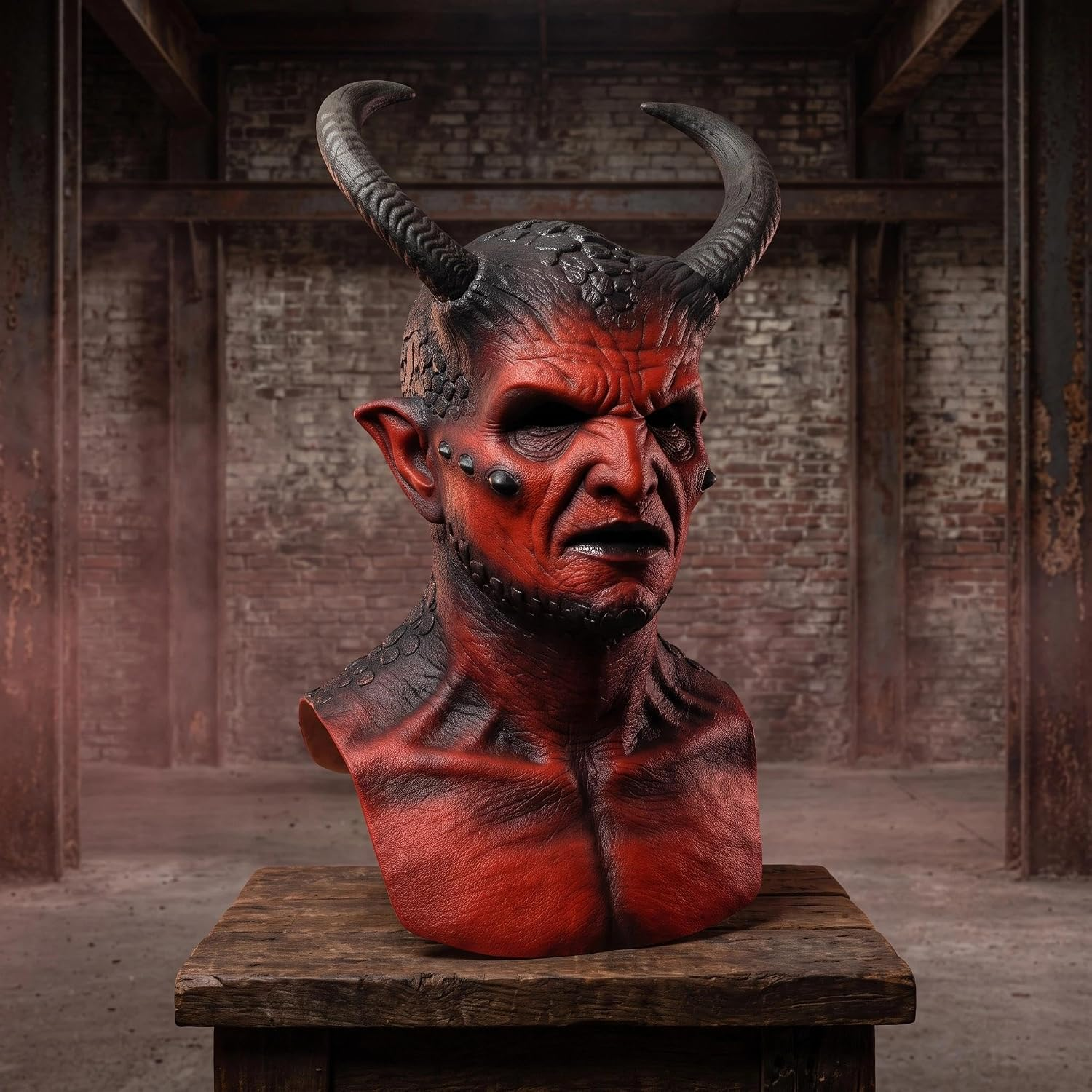 Latex Demon Mask with Horns – Realistic Halloween Costume Prop