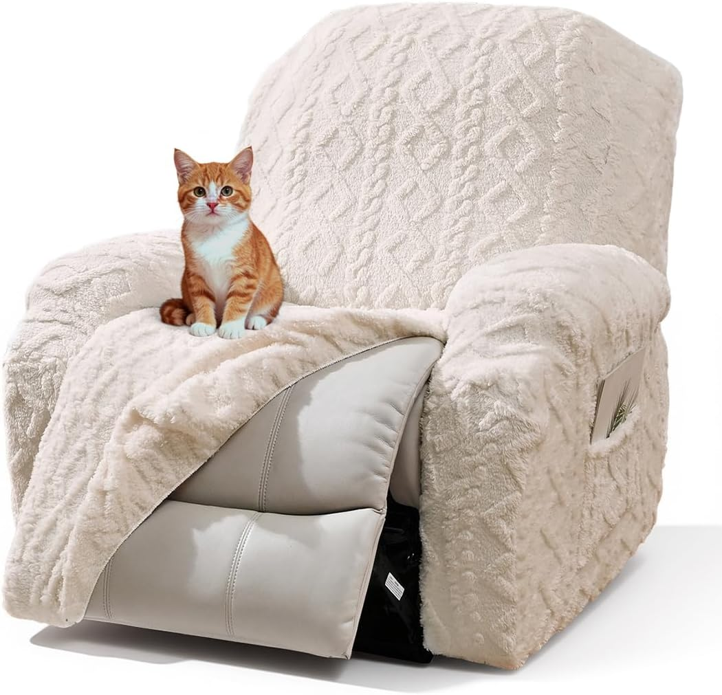 4 Pieces Recliner Chair Covers, Geometric Jacquard Plush Recliner Slipcovers Soft Fuzzy Sofa Couch Cover Anti-Slip Furniture Protector with Elastic Bottom for Kids Cats Dogs (Cream,1 Seat)
